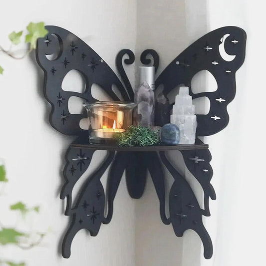 Bohemian Butterfly Moon & Star Corner Shelf – Black Wooden Floating Wall Shelf for Bedroom, Living Room & Office Décor