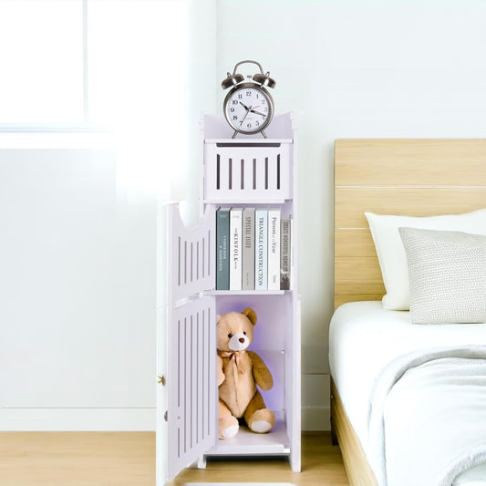 Over-the-Toilet Slim Storage Cabinet with Toilet Paper Holder – Compact Bathroom Organizer with Doors for Small Spaces (White)