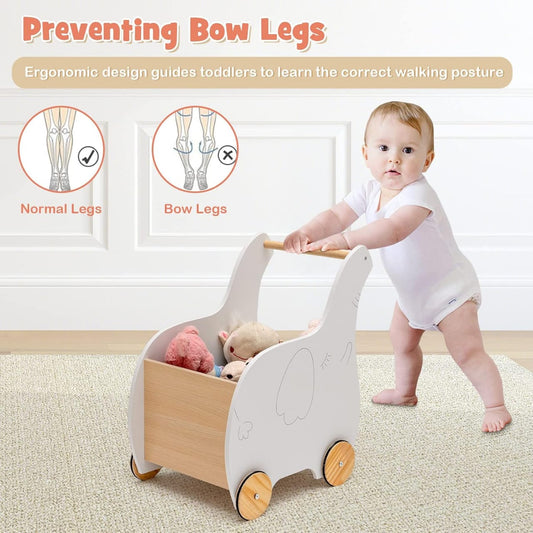 Wooden Baby Walker Dinosaur Cart – Push Toy with Storage for Toddlers