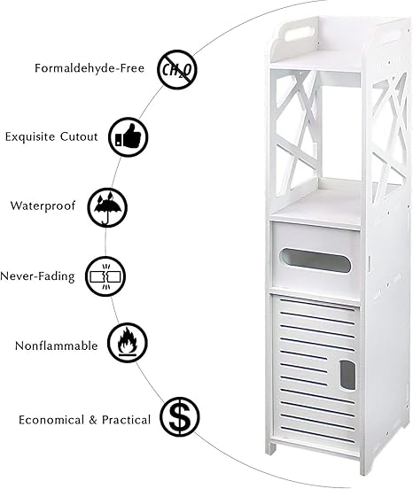 Slim Bathroom Storage Cabinet with Built-In Toilet Paper Holder – Compact Side Toilet Organizer for Small Spaces (White, B Style)