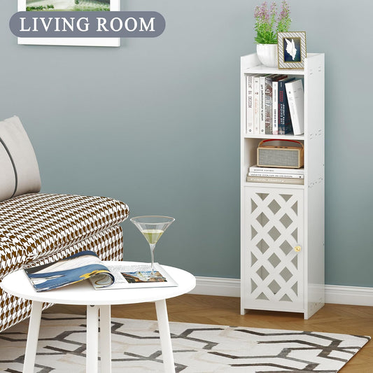 BYFU 4-Tier Slim Bathroom Storage Cabinet – Freestanding White Floor Organizer with Door & Open Shelves for Bathroom, Kitchen, or Living Room