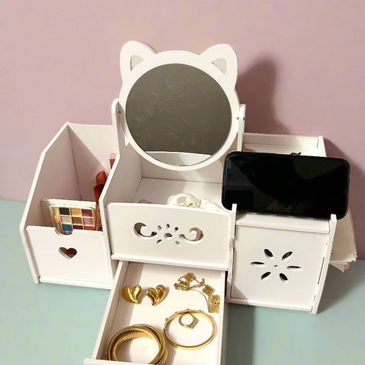 Cute Cat Ear Makeup Organizer with Mobile Holder – Stylish & Functional