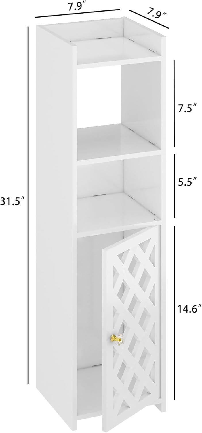 BYFU 4-Tier Slim Bathroom Storage Cabinet – Freestanding White Floor Organizer with Door & Open Shelves for Bathroom, Kitchen, or Living Room
