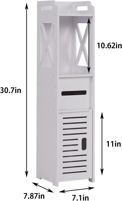 VECELO Pearl White Bathroom Corner Cabinet – Farmhouse-Style Short Storage Shelf with Magnetic Door & Toilet Paper Holder