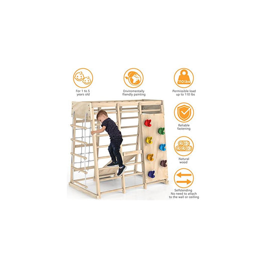 Wooden Indoor Jungle Gym for Kids – Climbing Frame with Slide, Rope Net & Rock Wall