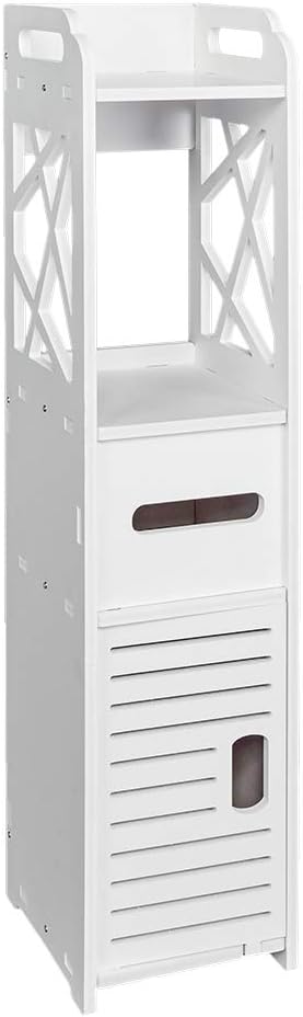 Slim Bathroom Storage Cabinet with Built-In Toilet Paper Holder – Compact Side Toilet Organizer for Small Spaces (White, B Style)