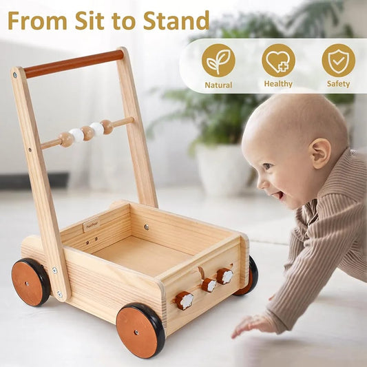 Wooden Speed Adjustable Baby Walker – Toddler Push Cart with Storage