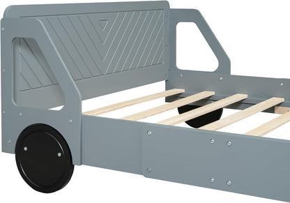Full-Size Car-Shaped Wooden Platform Bed – Solid Wood Kids & Teens Bed Frame with Wheels and Strong Slatted Support (Gray Finish)