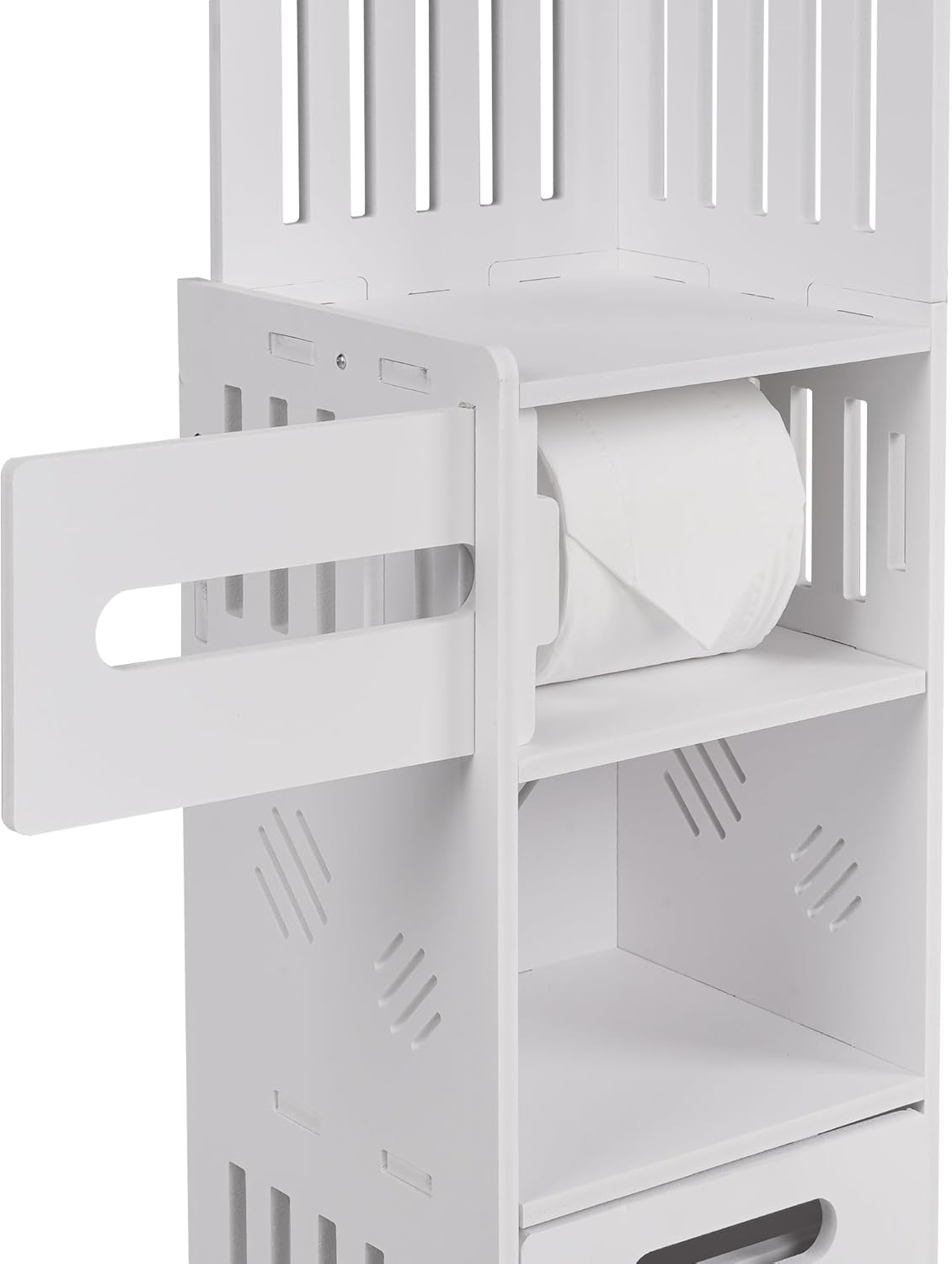 Compact Corner Bathroom Storage Cabinet with Toilet Paper Drawer – Waterproof Slim Organizer for Small Spaces (White)
