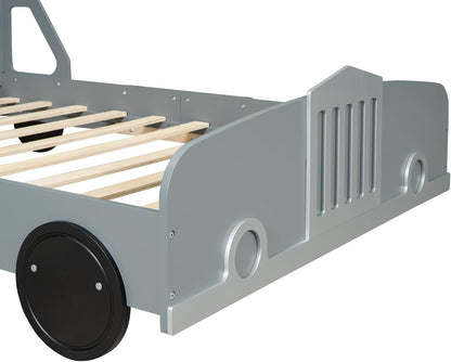 Full-Size Car-Shaped Wooden Platform Bed – Solid Wood Kids & Teens Bed Frame with Wheels and Strong Slatted Support (Gray Finish)