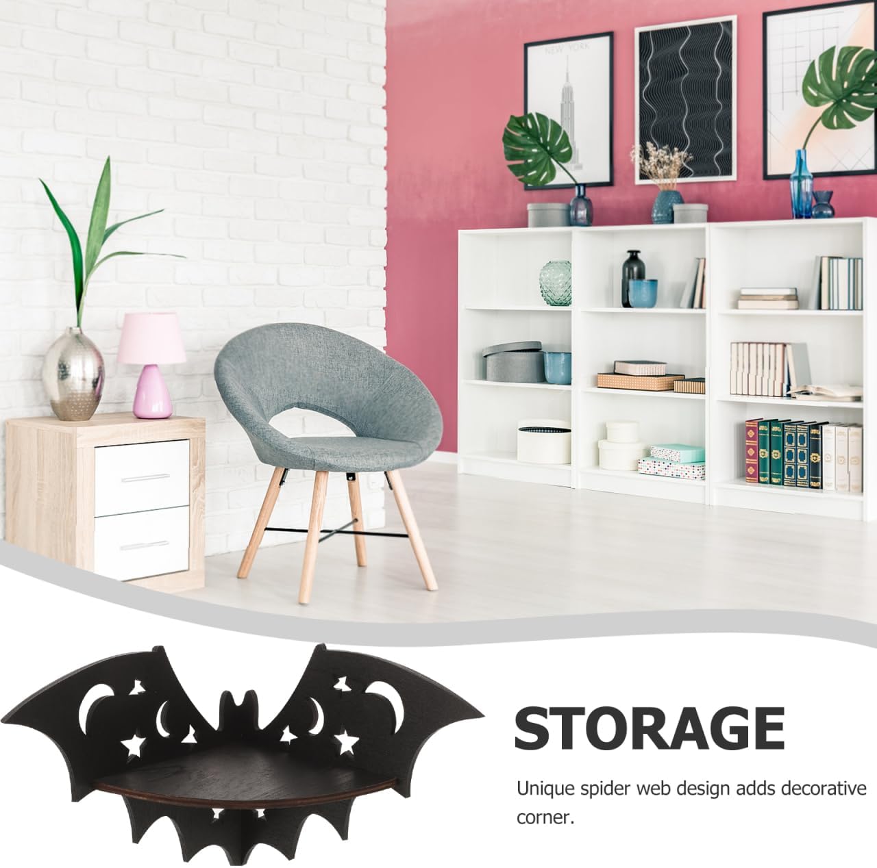 Bat-Shaped Floating Wall Shelf – 20cm Black Solid Wood Corner Rack | Rustic Bat Decor for Bedroom, Bathroom & Kitchen | Halloween & Everyday Display