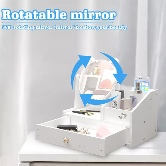 HOMURY White Makeup Table Organiser with Round Mirror & Drawers – Cosmetic Storage