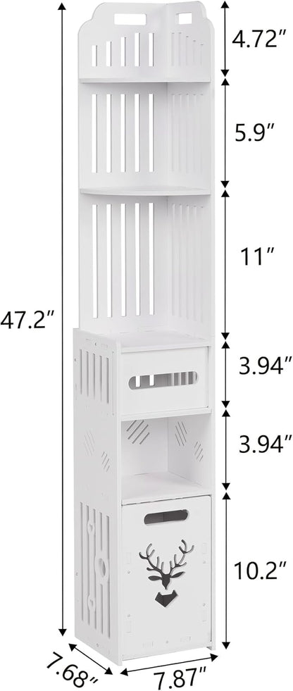 Compact Corner Bathroom Storage Cabinet with Toilet Paper Drawer – Waterproof Slim Organizer for Small Spaces (White)