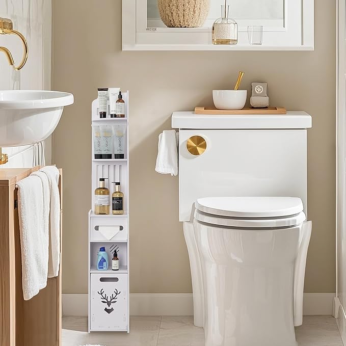Compact Corner Bathroom Storage Cabinet with Toilet Paper Drawer – Waterproof Slim Organizer for Small Spaces (White)