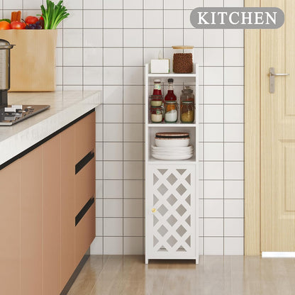 BYFU 4-Tier Slim Bathroom Storage Cabinet – Freestanding White Floor Organizer with Door & Open Shelves for Bathroom, Kitchen, or Living Room