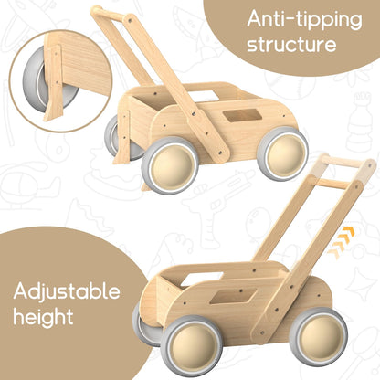 Montessori Wooden Baby Push Walker with Adjustable Speed | Baby Activity Learning Walker for Boys & Girls | Natural Wood Baby Gift