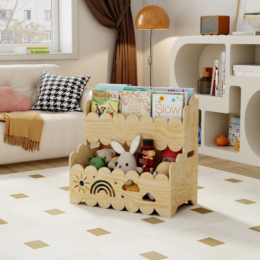 Premium quality Montessori 2-Tier Wooden Bookshelf – Toddler Book Rack & Toy Storage for Nursery, Kids' Room