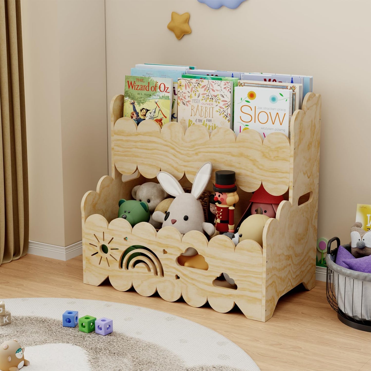Premium quality Montessori 2-Tier Wooden Bookshelf – Toddler Book Rack & Toy Storage for Nursery, Kids' Room