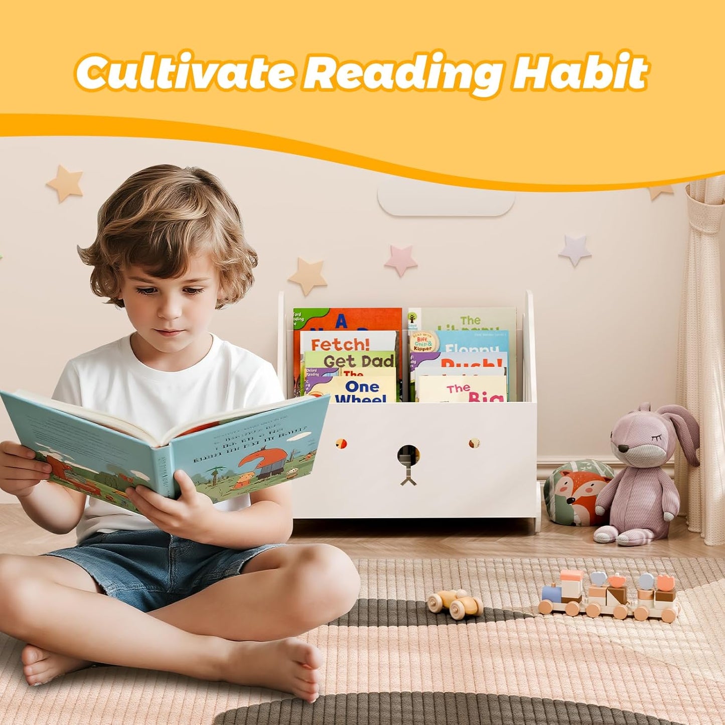 Montessori Wooden Kids Bookshelf – Nursery & Toddler Book Display Shelf with 4 Adjustable Dividers for Bedroom, Playroom & Classroom Storage