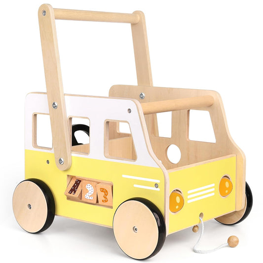 Montessori Wooden Baby Push Walker with Activity Features – Steering Wheel, Rotating Lights & Balance Training for Toddlers (1–3 Years)