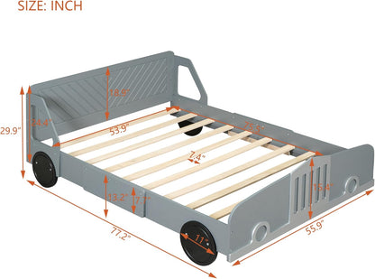Full-Size Car-Shaped Wooden Platform Bed – Solid Wood Kids & Teens Bed Frame with Wheels and Strong Slatted Support (Gray Finish)