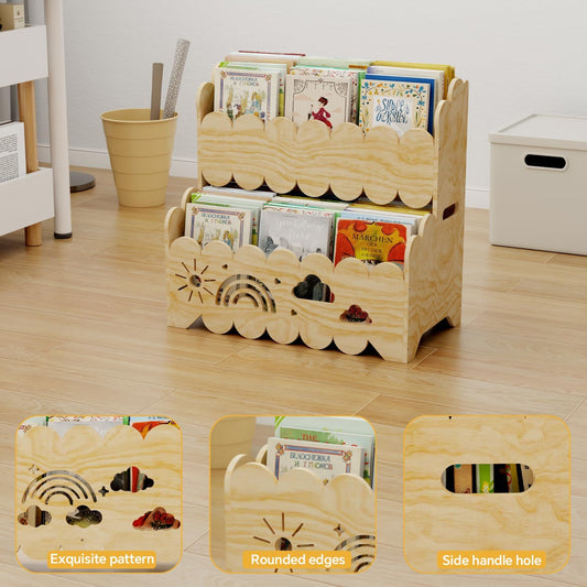 Premium quality Montessori 2-Tier Wooden Bookshelf – Toddler Book Rack & Toy Storage for Nursery, Kids' Room