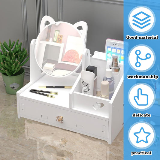 HOMURY White Makeup Table Organiser with Round Mirror & Drawers – Cosmetic Storage