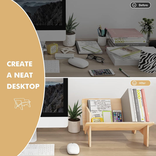 Wooden Tabletop Bookshelf – Compact Desktop Book Organizer & Cookbook Shelf for Office, Bedroom, or Living Room (Burlywood Finish)