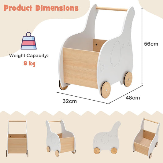 Wooden Baby Walker Dinosaur Cart – Push Toy with Storage for Toddlers