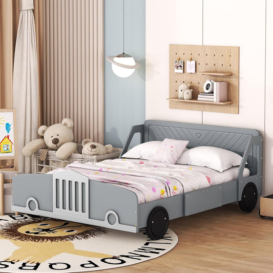 Full-Size Car-Shaped Wooden Platform Bed – Solid Wood Kids & Teens Bed Frame with Wheels and Strong Slatted Support (Gray Finish)