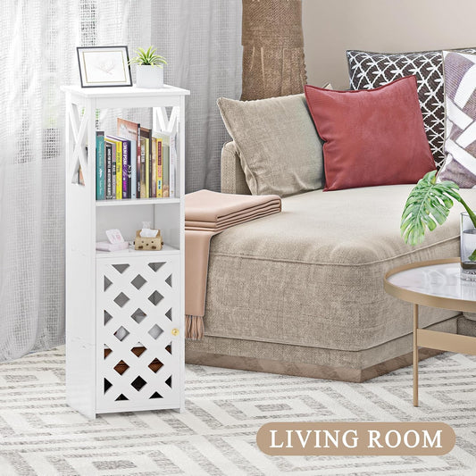 5-Tier White Bathroom Floor Cabinet with Door & Open Shelf – Space-Saving Storage.