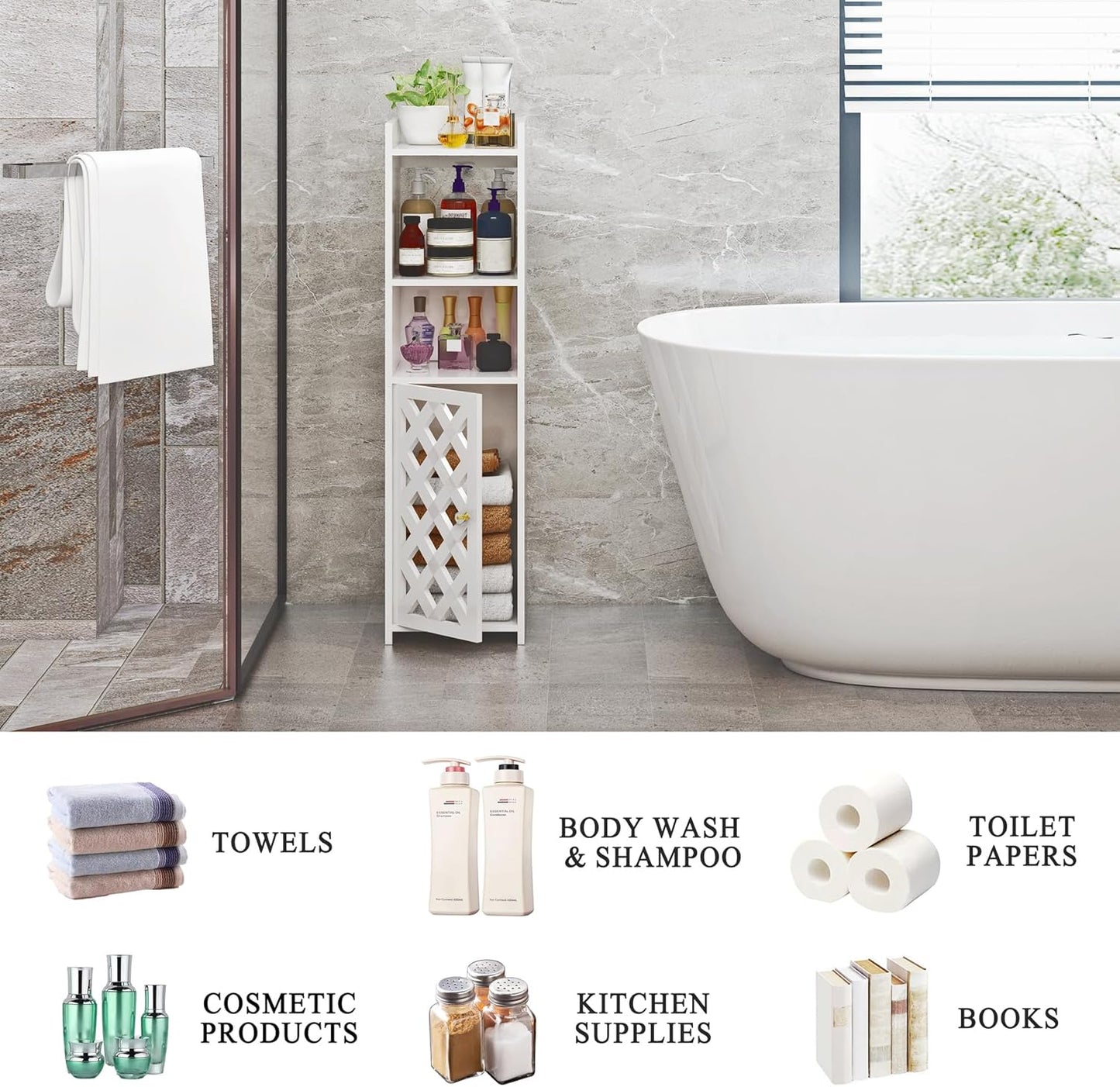 BYFU 4-Tier Slim Bathroom Storage Cabinet – Freestanding White Floor Organizer with Door & Open Shelves for Bathroom, Kitchen, or Living Room