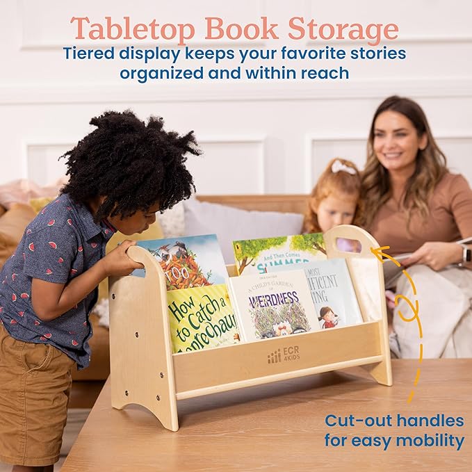 ECR4Kids 2-Tier Tabletop Book Display – Natural Wooden Beginner Bookshelf with Handles for Classroom, Nursery & Playroom