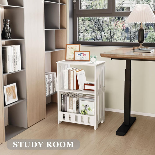 Modern 3-Tier Compact Bookshelf – Slim White Storage Shelf for Bedroom, Office & Living Room Décor