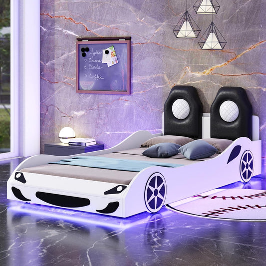 Twin Size Blue Race Car Bed with LED Lights & Upholstered Backrest – Solid Wood Car-Shaped Platform Bed Frame with Dual Seats for Kids & Teens Bedroom