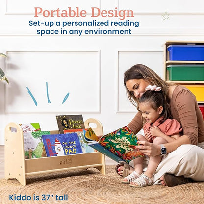 ECR4Kids 2-Tier Tabletop Book Display – Natural Wooden Beginner Bookshelf with Handles for Classroom, Nursery & Playroom