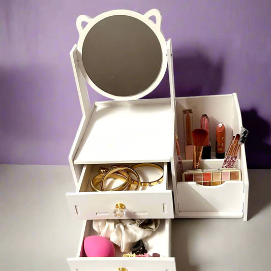 Cute Cat Ear Mirror Makeup Organizer – Medium Size Cosmetic Box