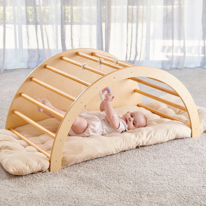 Wooden Baby Play Gym & Rocking Climber – Montessori Indoor Activity Set with Cushion
