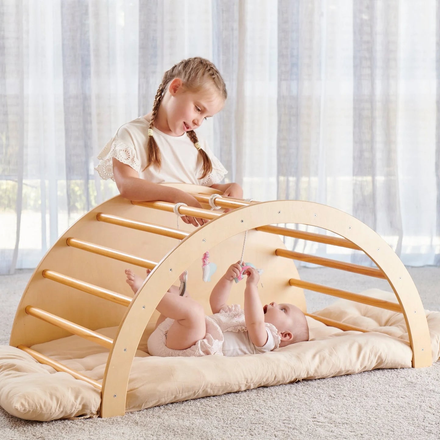 Wooden Baby Play Gym & Rocking Climber – Montessori Indoor Activity Set with Cushion