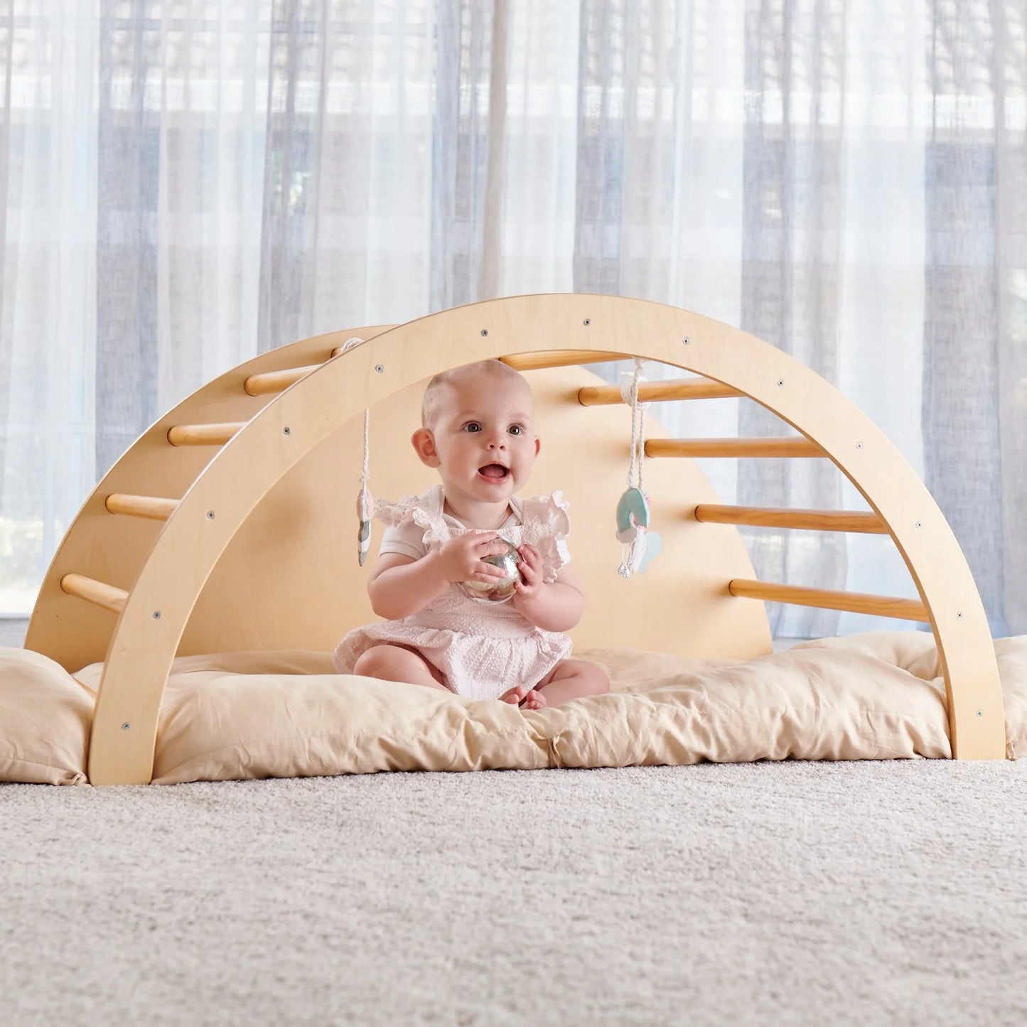 Wooden Baby Play Gym & Rocking Climber – Montessori Indoor Activity Set with Cushion