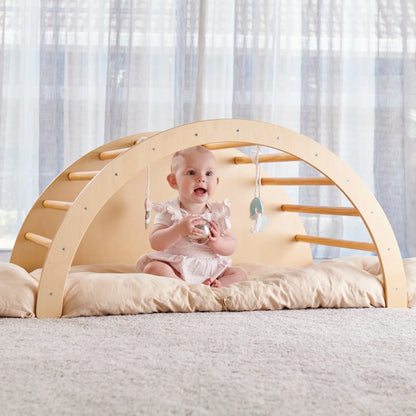 Wooden Baby Play Gym & Rocking Climber – Montessori Indoor Activity Set with Cushion