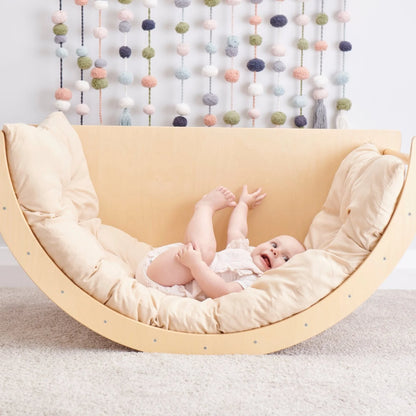 Wooden Baby Play Gym & Rocking Climber – Montessori Indoor Activity Set with Cushion