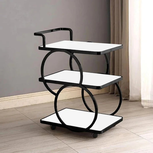 Three-Layer Bar Trolley with Handle & Wheels – Modern White Top Serving Cart
