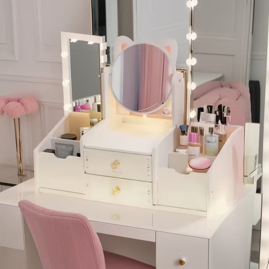 Cute Cat Mirror Vanity Makeup Organizer with Drawers & Storage
