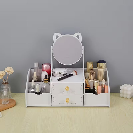 Cute Cat Mirror Vanity Makeup Organizer with Drawers & Storage