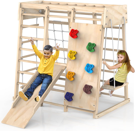 Wooden Indoor Jungle Gym for Kids – Climbing Frame with Slide, Rope Net & Rock Wall