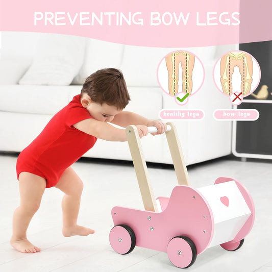 Pink Wooden Baby Walker Cart – Toddler Push Toy with Storage Box