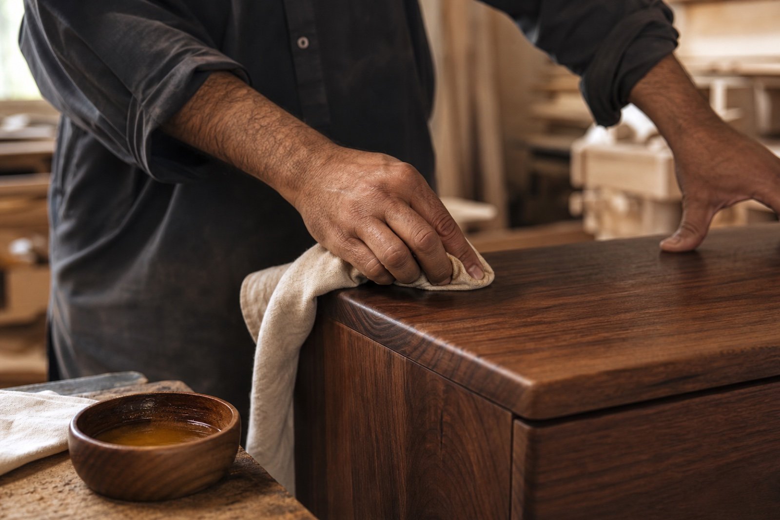 Artisan hand-finishing solid wood