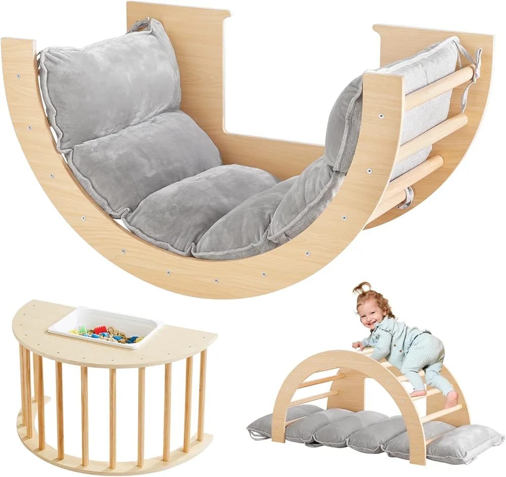 3-in-1 Wooden Montessori Climbing Arch, Rocker & Play Table with Double-Sided Cushion and Sensory Tray - Image 5