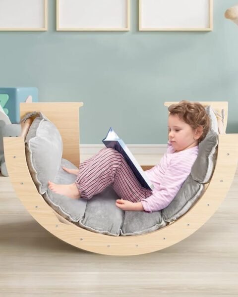 3-in-1 Wooden Montessori Climbing Arch, Rocker & Play Table with Double-Sided Cushion and Sensory Tray